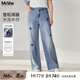 MsShe【刺繡闊腿拖地牛仔褲】大碼女裝2025夏裝胖mm加長褲 牛仔淺藍(lán)色現(xiàn)貨 3XL
