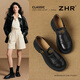 ZHR樂(lè )福鞋女圓頭厚底小皮鞋女山茶花通勤百搭單鞋子 AY297黑色37
