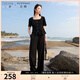 三彩大碼女裝2025夏季新款仿麻上衣長(zhǎng)褲兩件套裝休閑方領(lǐng)通勤胖MM 經(jīng)典黑 L 165/92B