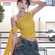 禾戀淑潮流t恤女辣妹裝短袖夏季新款2025年顯瘦修身上衣設(shè)計感小眾純色 斜領(lǐng)飄帶修身短袖t恤【黃色】 M 【建議90-105斤】