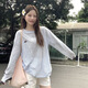 FOX.G潮流條紋t恤女夏季新款2025衣服女裝純欲風上衣長袖薄款寬松罩衫 藍色條紋長袖刺繡罩衫 L 【建議100-120斤左右】