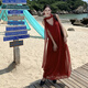 以歐（YIOU）沙灘裙度假風(fēng)感v領(lǐng)顯白寬松孕婦可穿優(yōu)雅氣質(zhì)飄逸飄帶仙女裙7048 酒紅色 M
