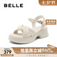 百麗時尚編織沙灘涼拖女24夏真皮舒適休閑涼鞋B6Q1DBL4 米白 37