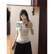 韓系條紋半開領(lǐng)白色短袖t恤女夏季2025新款設(shè)計(jì)感小眾針織衫上衣 白色 均碼