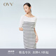 OVV2023春夏新款女裝天絲精紡羊毛混紡條紋短袖針織連衣裙 米白條紋05 M