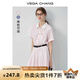 VEGA CHANG短袖連衣裙女2025新款夏學(xué)院風(fēng)翻領(lǐng)條紋高腰顯瘦小個(gè)子襯衫裙 櫻花粉 S