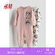 H&M【迪士尼系列】童裝女?huà)脒B體衣2件裝秋季薄款嬰兒爬服1092245 灰淺粉色/米妮老鼠 66cm 66/44