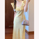 哈魯?shù)宵S色小飛袖碎花連衣裙女純欲風(fēng)溫柔減齡顯瘦遮肚子海邊度假長裙子 黃色 均碼 （115斤以內(nèi)）
