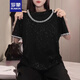 羅蒙（ROMON）純色感滿天星鑲鉆短袖t恤女裝寬松胖MM夏季顯瘦修身半袖上衣 黑色 L 建議100-118斤