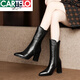 卡帝樂(lè )鱷魚(yú)（CARTELO）真皮中筒靴2025秋秋新款粗跟短靴尖頭高跟軟皮靴女靴新品 黑色 37