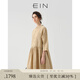 EIN言文藝古著感立領(lǐng)休閑棉麻碎褶直筒八分袖連衣裙春新款 淺杏 S