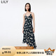 LILY【商場同款】秋新款女裝含真絲天絲別致印花吊帶連衣裙女 510黑 S