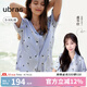 ubras流光滿印翻領短袖短褲套裝家居服涼感睡衣女薄款舒適居家 【女款】短袖短褲-發(fā)呆小羊-藍 M