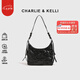 CHARLIE&KELLI CK品牌包包女包褶皺油蠟皮半月包時尚腋下包2025新款單肩斜挎包 黑色【京倉配送 品牌禮袋】