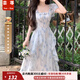 蕓蕁裙子女夏季2025新款大碼法式溫柔仙女碎花方領連衣裙女夏季胖收腰 初戀裙超仙浪漫碎花裙【藍色】 2XL