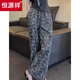 恒源祥夏季新款大碼個(gè)性復古印花闊腿褲女高腰直筒寬松休閑長(cháng)褲子女梨型 灰色 2XL 建議160-180斤