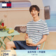 TOMMY JEANS【重磅厚實】夏男女純棉條紋針織刺繡圓領短袖T恤上衣18659 白綠條紋YBR M （推薦：135-150斤）