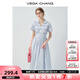 VEGA CHANG藍(lán)色連衣裙女2025新款夏季翻領(lǐng)褶皺修身收腰大裙擺長(zhǎng)裙 湖水藍(lán) S