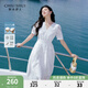 秋水伊人X型V領印花一片式綁帶連衣裙2025年夏季新款女休閑中長裙 本白 L