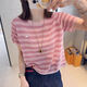 羅蒙（ROMON）夏季鏤空韓版條紋2026薄款短袖針織衫新款寬松顯瘦上衣mm 粉色 3XL 建議135-150斤