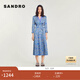 SANDRO秋冬女裝法式時尚休閑度假風(fēng)藍(lán)色植物印花長款長袖連衣裙 D251/藍(lán)色 M