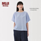 無印良品（MUJI）女式 漢麻 棉 短袖罩衫 t恤上衣打底衫女款女裝內(nèi)搭夏季BC2LEC5S 藍(lán)色條紋 L (165/88A)