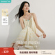 茵曼（INMAN）度假風(fēng)條紋印花串珠吊帶裙2025夏季女裝新品寬松中長款連衣裙 黃藍條 S