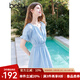 百圖betu女裝2025夏季新款連衣裙時(shí)髦海鹽藍泡泡袖暗提花裙子2503T97 藍色 L