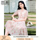 香影v領(lǐng)印花連衣裙女2025夏季新款絕美暈染木耳領(lǐng)泡泡袖雪紡裙子 粉紅 L