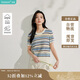 茵曼法式女裝彩虹條針織短袖t恤夏季新潮通勤套頭襯衫上衣 彩虹藍 M