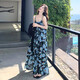 瑜尚臻品藍色碎花吊帶連衣裙女海邊度假風長裙顯氣質(zhì)高級感大裙擺沙灘裙 M 【適合85-120斤】