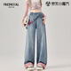 FREDRICAL淺色側(cè)拉鏈牛仔褲女2025春季新款格子拼接美式高腰直筒闊腿褲子女 藍色 S 80-94斤選
