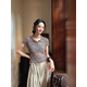 三吉黑花【繭時(shí)】國風(fēng)新中式針織短袖女t恤2025新款天絲無(wú)袖上衣 奶灰咖短袖 S