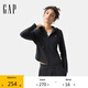 GAP女裝2025春季新款logo彈力羅紋拉鏈連帽長(zhǎng)袖T恤常規(guī)上衣729465