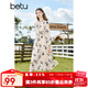 百圖betu女裝秋季新款連衣裙V領(lǐng)正肩長(cháng)袖X型印花連衣裙女2308T85 杏色 M