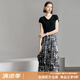 顏域收腰黑色連衣裙2024新款女夏季印花中長(zhǎng)款假兩件短袖V領(lǐng)裙子 黑色 L