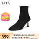 他她（TATA）氣質(zhì)高跟時(shí)裝靴女靴尖頭彈力顯瘦短靴冬新款XJS01DD4 黑色 38