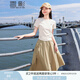 香影（xiangying）正肩t恤女短袖2025年夏季新款米色顯瘦愛心抽褶修身圓領上衣 米色 M