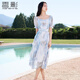 香影方領(lǐng)雪紡藍色連衣裙女2025夏季新款暈染荷葉邊燙金超仙收腰裙 藍花 S 155/80A/85-95斤