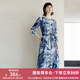 顏域圓領(lǐng)七分袖連衣裙春裝女2024年新款中長款連身裙時尚氣質(zhì)裙子 藍花 L