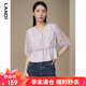 藍(lán)地（LANDI）V領(lǐng)復(fù)古浪漫印花七分袖雪紡衫襯衫女設(shè)計感小衫秋新品 粉色 L