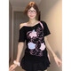 LDBE hellokitty刺繡黑色斜肩短袖t恤女夏季設(shè)計(jì)感小眾修身露肩上衣潮 黑色 S 【90斤以內(nèi)】