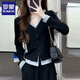 羅蒙（ROMON）法式假兩件v領(lǐng)開衫針織衫女春季女裝2025新款加絨加厚上衣女秋 黑色 M