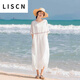 LISCN連衣裙女文藝繡花中袖旅游沙漠拍照夏季海邊度假仙女沙灘裙子新款 白色 L [建議115-130斤]
