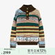 Basic House/百家好復(fù)古立領(lǐng)彩扣毛衣撞色條紋長袖上衣秋冬氣質(zhì)女 花色 均碼
