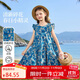 ASK JUNIOR兒童純棉裙子夏女大童飛袖連衣裙青少年碎花裙荷葉邊 藍色  160 