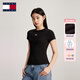 TOMMY JEANS春夏女裝活力少女感辣妹螺紋修身正肩重磅短袖T恤上衣 黑色BDS S