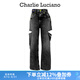 Charlie Luciano【吳宣儀同款】雙刀割褲子新款潮牌寬松休閑CL長(zhǎng)褲潮流國(guó)潮休閑褲 黑色 34