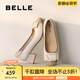 百麗（Belle）七夕禮物舒適優(yōu)雅單鞋女2025春新真皮蝴蝶結(jié)方跟鞋D3S1DAQ5 米白 38 (240mm)