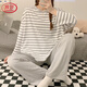 浪莎網(wǎng)紅糖果色睡衣女長(cháng)袖春秋套裝文藝小清新長(cháng)褲寬松家居服條紋休閑 7008灰色寬條紋 M _建議80-100斤